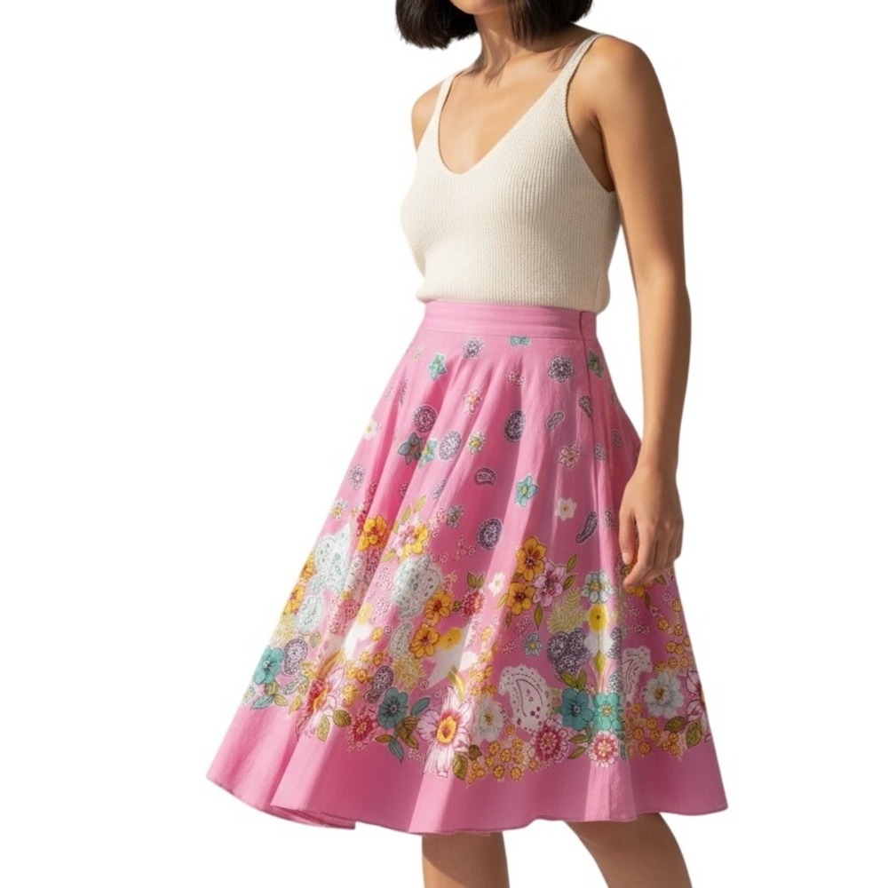 Angie Women Pink Floral Paisley Boho A-Line Skirt Sz S‎ Sequins embellishment
